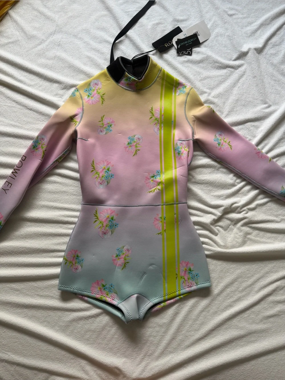 Cynthia Rowley Pastel Floral Long-Sleeve Surf Suit with Lime Stripe - Picture 3 of 5